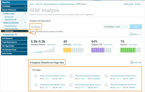 Moz Pro SERP analysis